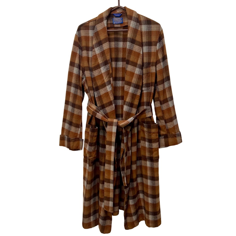 Pendleton Vintage Wool Plaid Longline Trench Coat Brown Tan XL USA Made